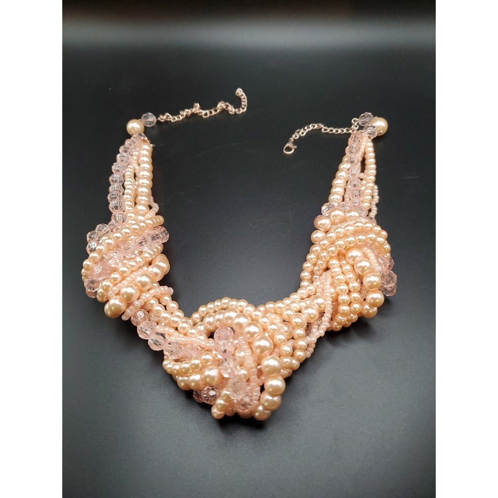 Peach Color Multi Strand Knotted Faux Pearl And Acrylic Beaded Necklace 28"